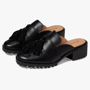 NWT Johnston & Murphy Alice Fringe Mule Leather Black Sandals Sz 6,5